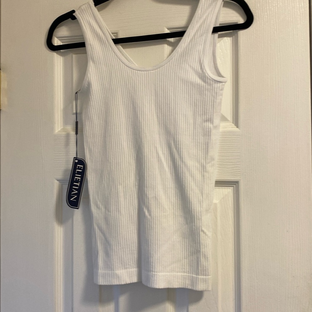 Elietian ribbed reversible tank in white. V-neck or scoop. Great for layering…